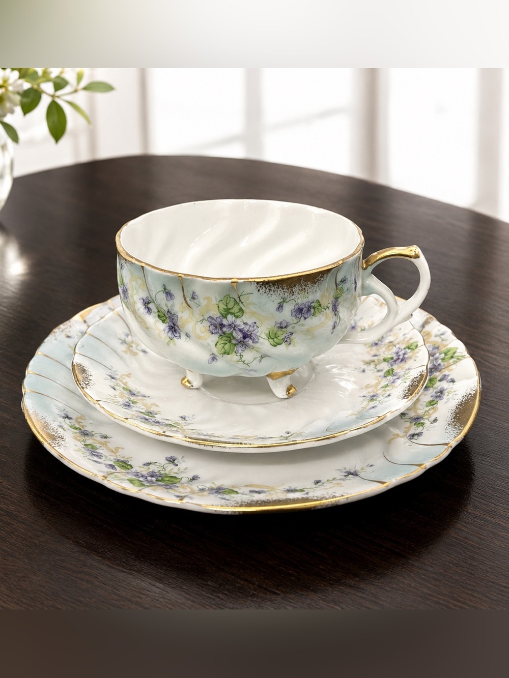 Lefton’s Heirloom Violet Gilded China Dessert Plate Set 3 Piece Tea Cup Saucer
